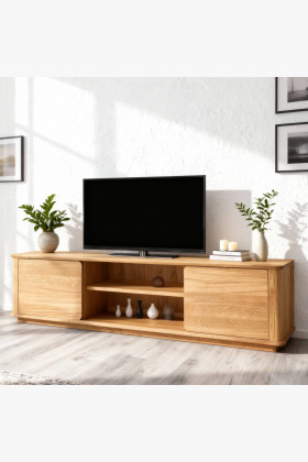 Tölgyfa TV-szekrény lábakkal, két ajtós, nyitott polcos, természetes